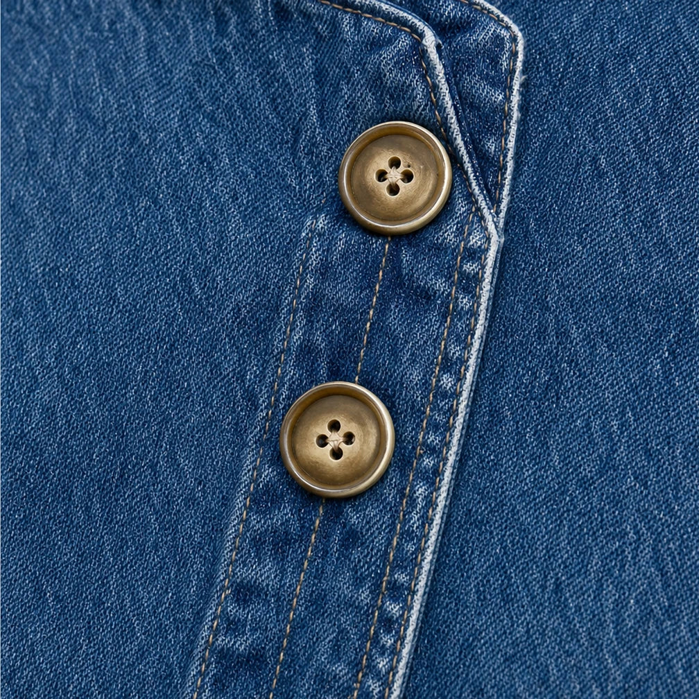 Angled Denim Asymmetric Button Stand-Collar Denim-Look Jacket - Elena Harper