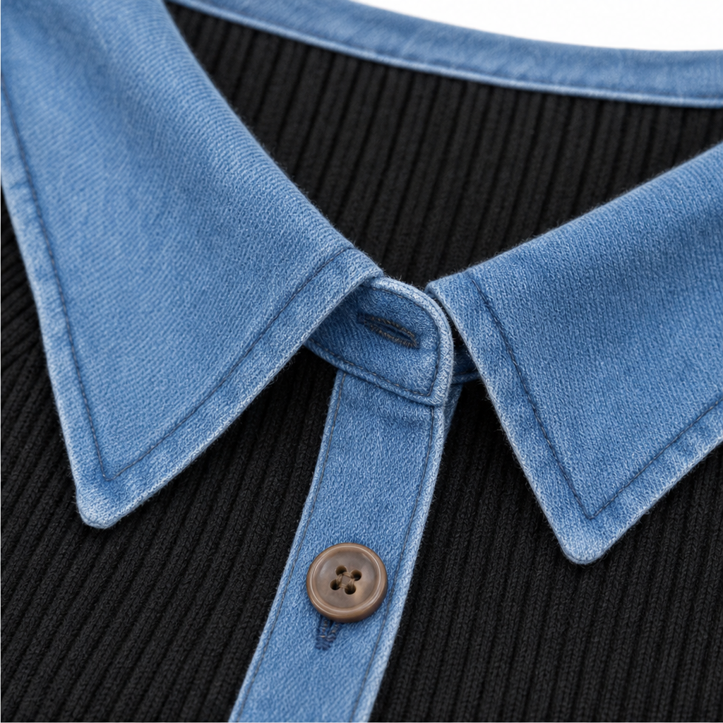 Denimelle Denim-Trim V-Neck Knit Top - Elena Harper