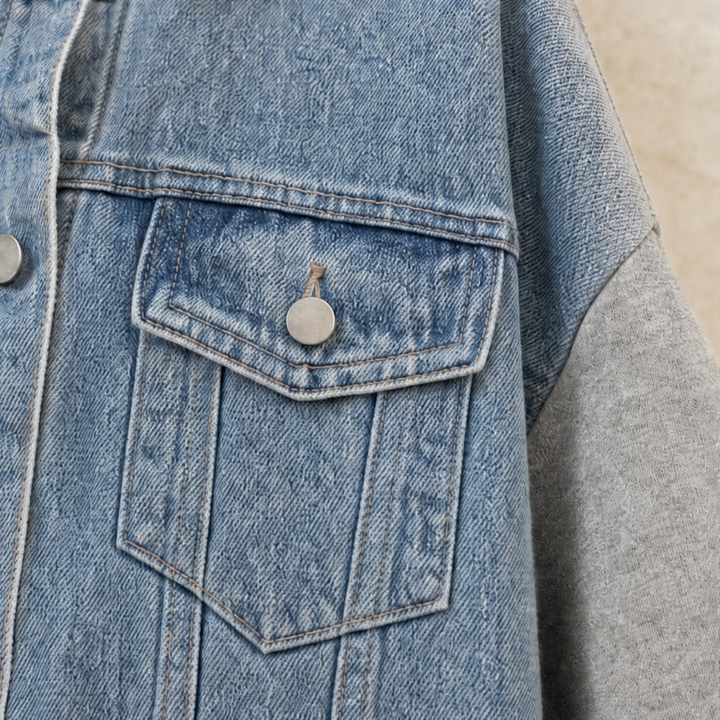 Denimova Washed Denim-Look And Hooded Sweatshirt Jacket - Elena Harper