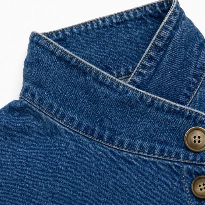 Angled Denim Asymmetric Button Stand-Collar Denim-Look Jacket - Elena Harper