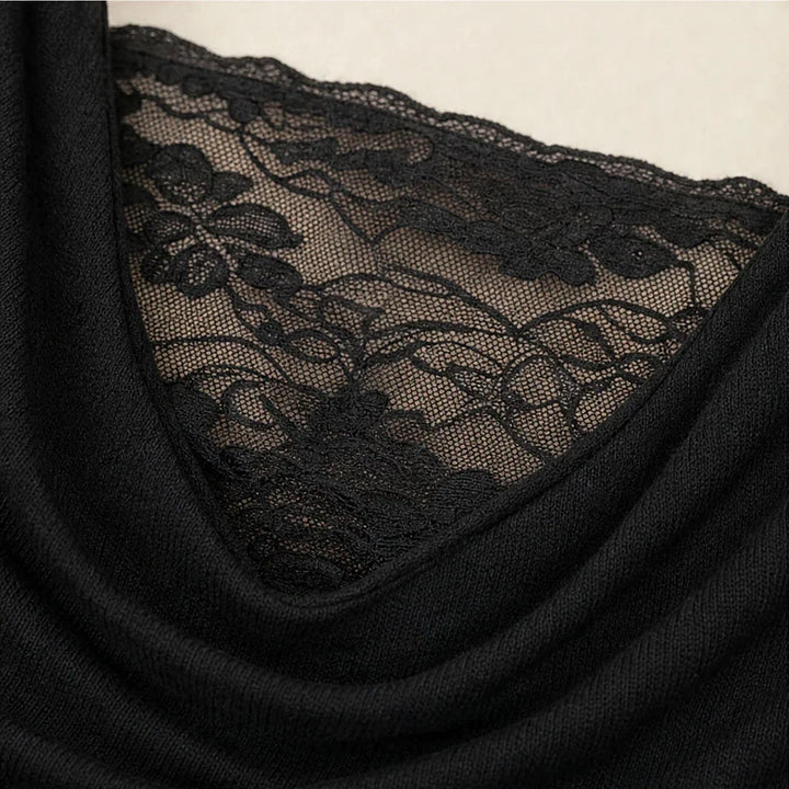 Cowlora – Floral Lace Cowl-Neck Long-Sleeve Top