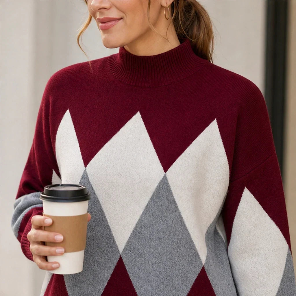 Argyle Ease Argyle Knit Sweater And Wide-Leg Trouser Set - Elena Harper