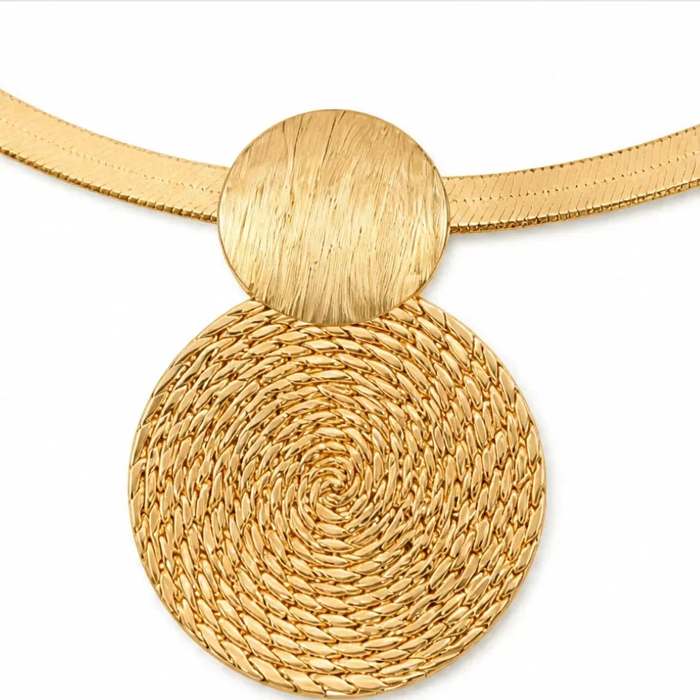 Aurenza Gold necklace and earring set, textured medallion, flat snake chain - Elena Harper