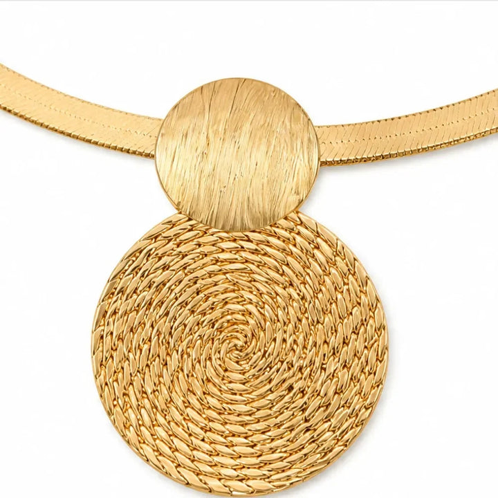 Aurenza Gold necklace and earring set, textured medallion, flat snake chain - Elena Harper
