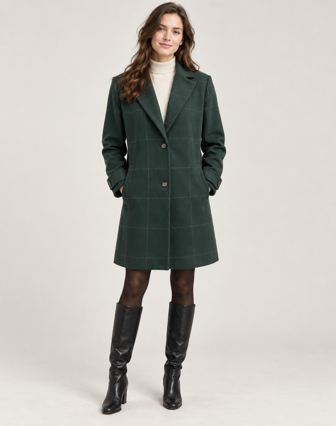 Long Checkered Coat for Women Slim Fit Button Closure Winter