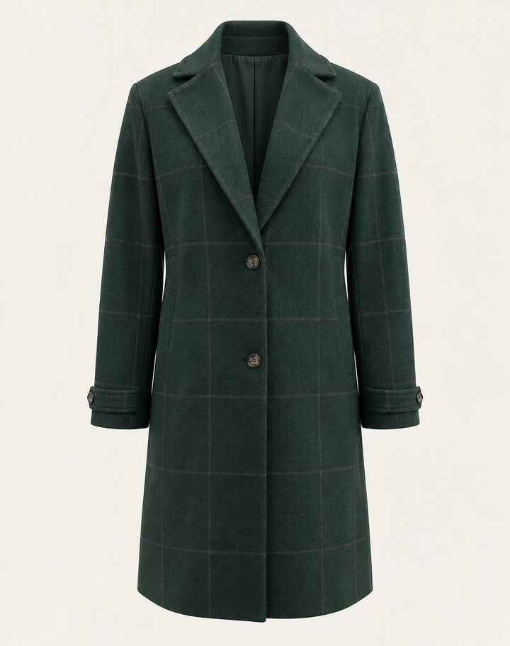 Long Checkered Coat for Women Slim Fit Button Closure Winter
