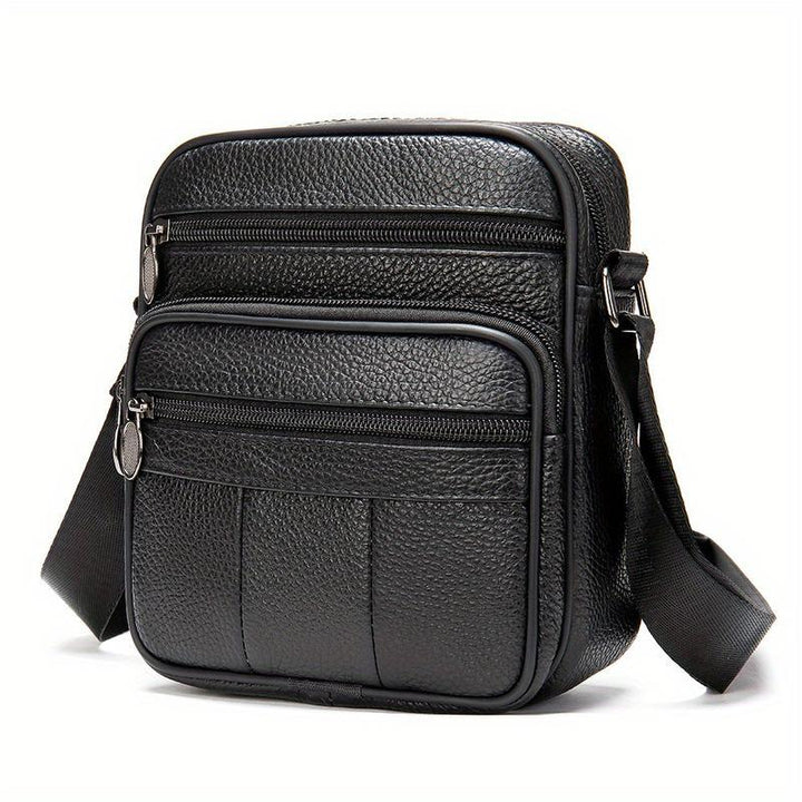 Compact Genuine Leather Crossbody Messenger Bag with Multiple Zip Compartments and Adjustable Strap