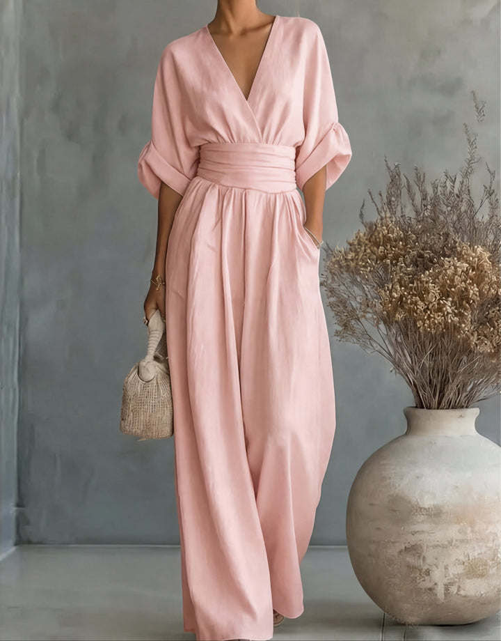 Women's V-Neck Jumpsuit with Flowing Pants