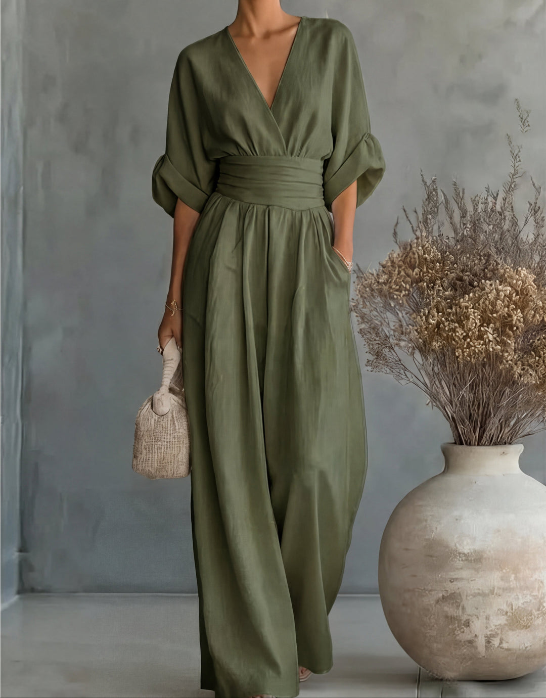 Women's V-Neck Jumpsuit with Flowing Pants