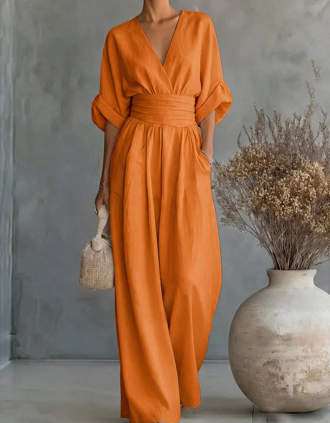 Women's V-Neck Jumpsuit with Flowing Pants