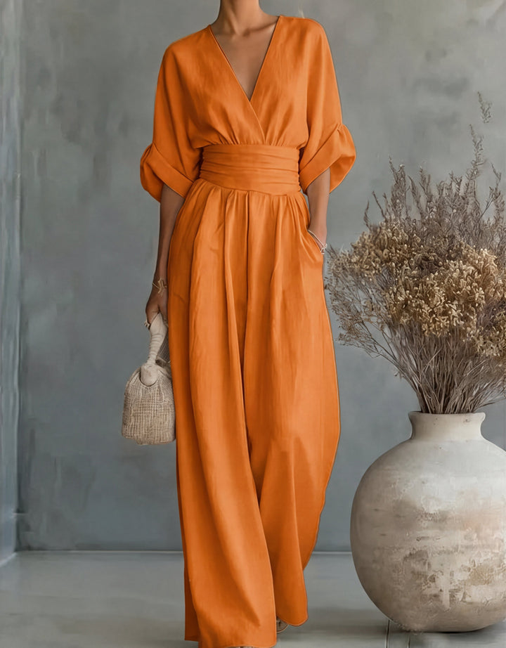 Women's V-Neck Jumpsuit with Flowing Pants