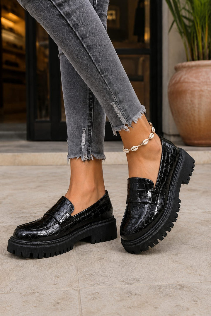 Loafers with Crocodile Print and Lug Sole for Women