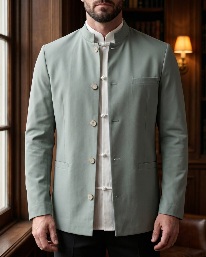 Mao Collar Waistcoat with Piped Pockets for Men