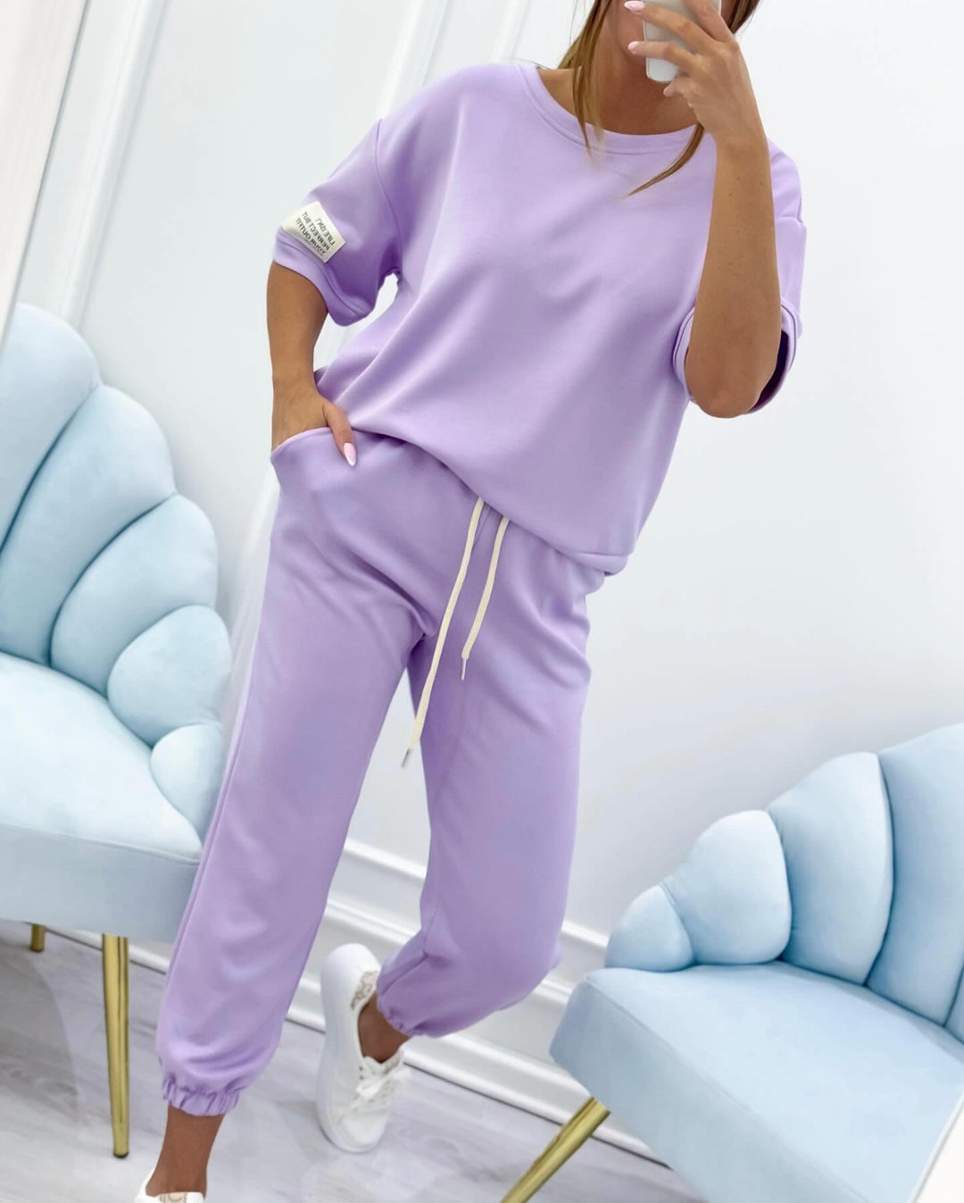 Women's Relaxed Outfit: Set of Solid Top and Pants