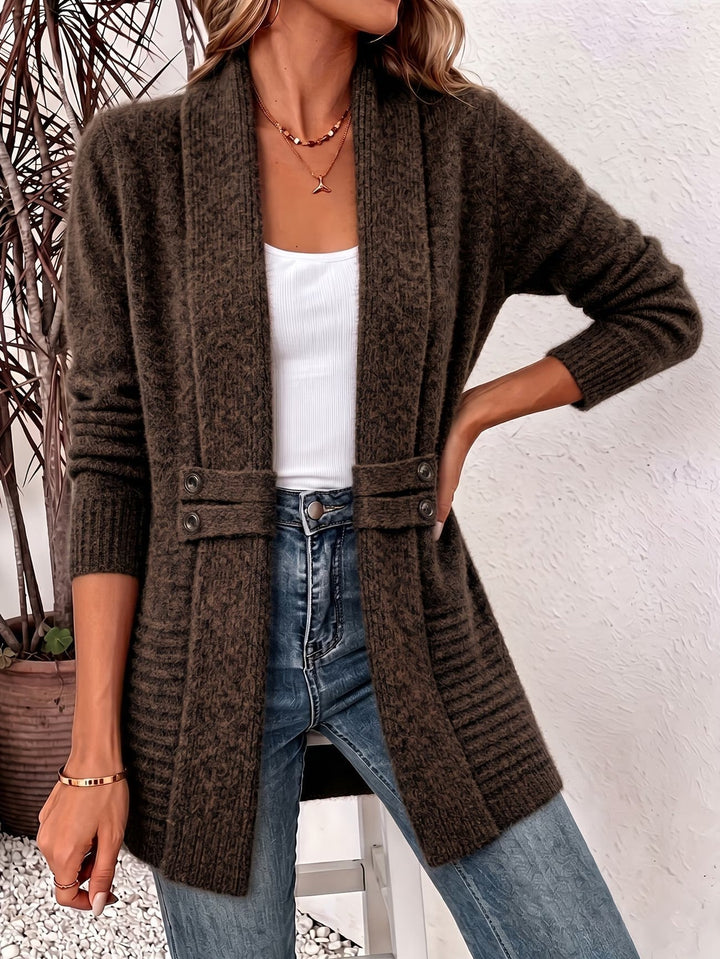Cynthia | Women's Ribbed Cardigan with Button Tab in Chocolate