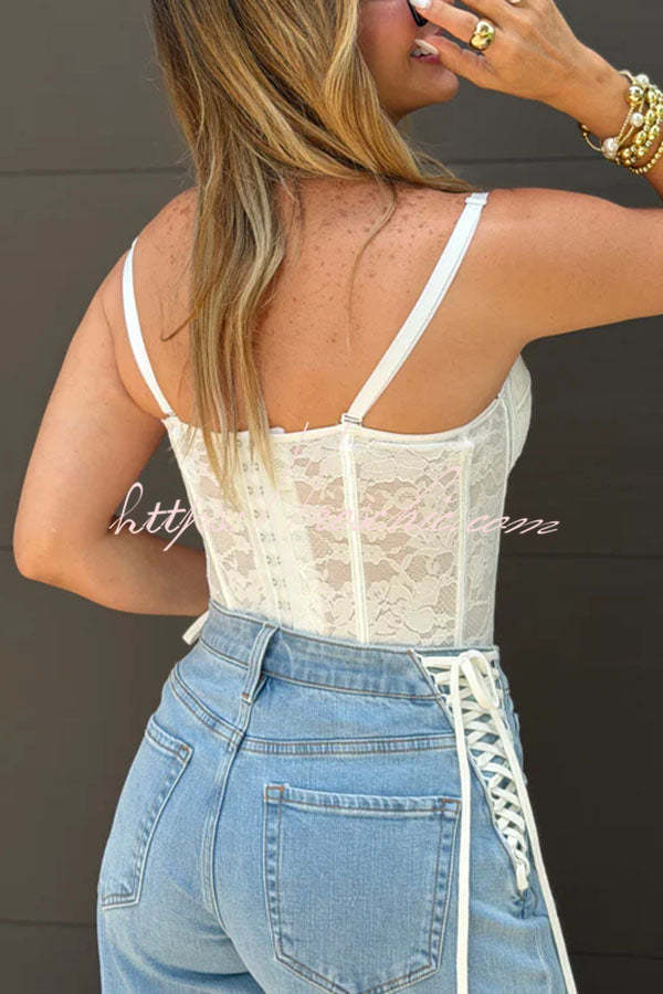 Pure Romance Raised Floral Lace Sweetheart Neck Corset Tank Top, view 7 - Elena Harper