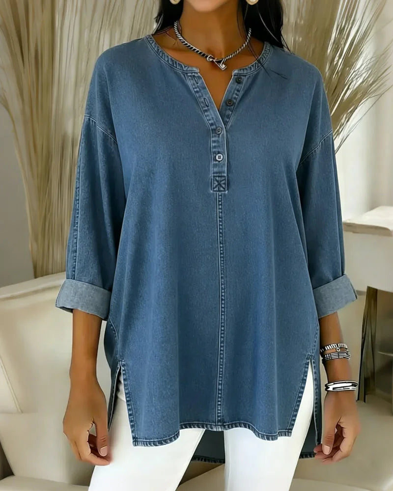 Yenara Denim Top with Button Placket and V-Neck - Elena Harper