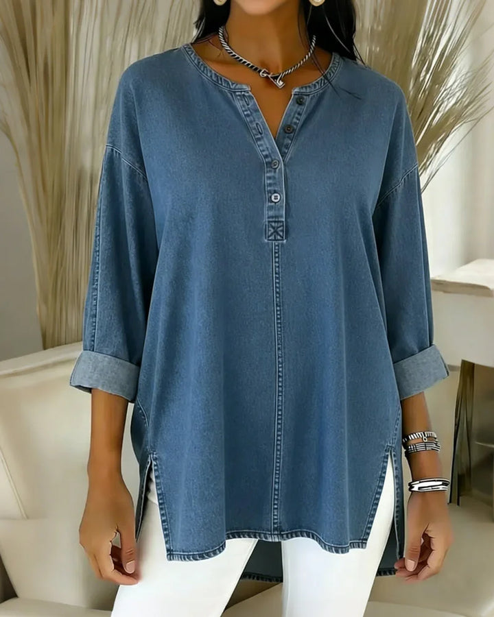 Yenara Denim Top with Button Placket and V-Neck - Elena Harper
