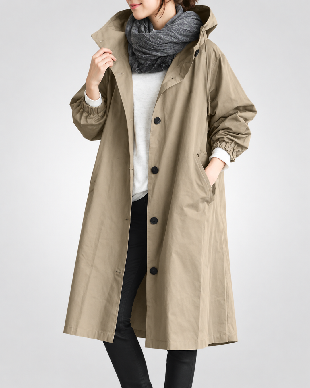 Vina Warm Long Trench Coat with Hood, view 2 - Elena Harper