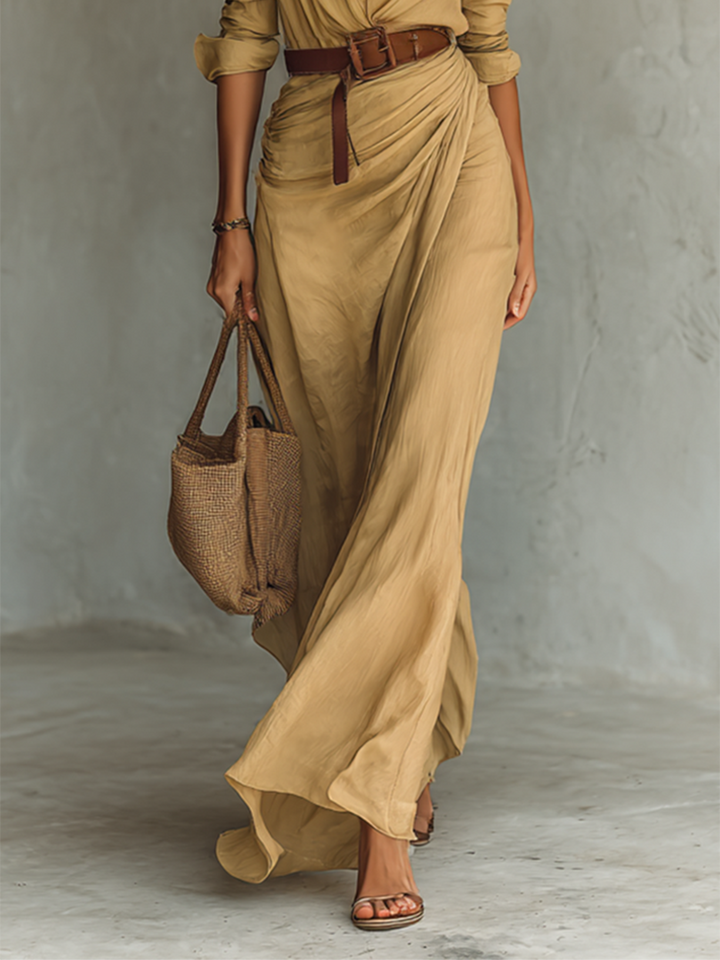 Long Maxi Dress with Notched Collar and Long Sleeves for Women - Elena Harper