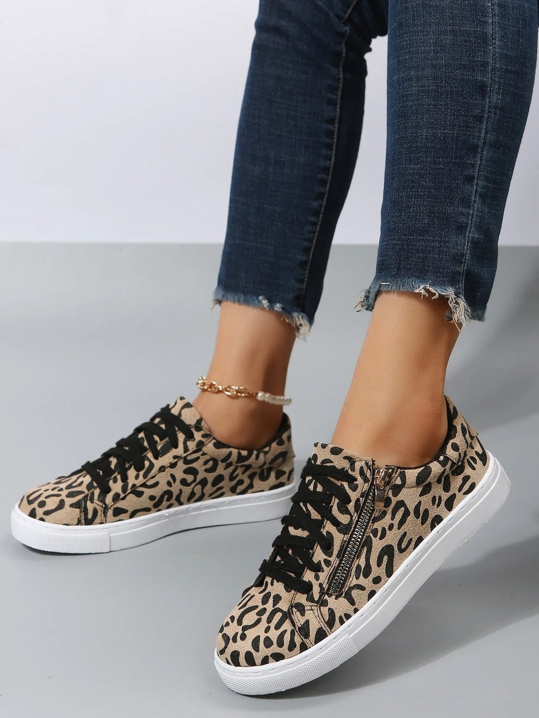 Casual Women's Animal Print Sneakers with Side Zipper - Camila