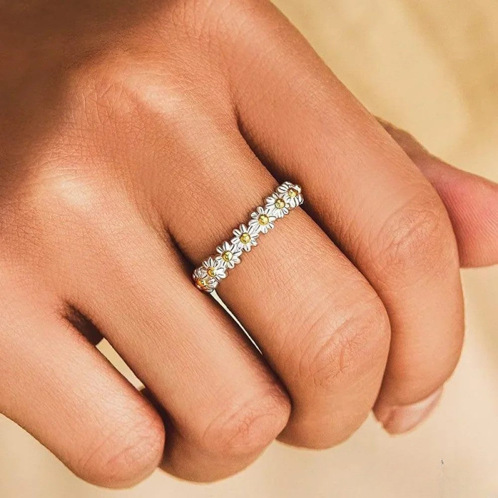 Adjustable Silver Ring with Hand-Painted Enamel Daisy - Elena Harper