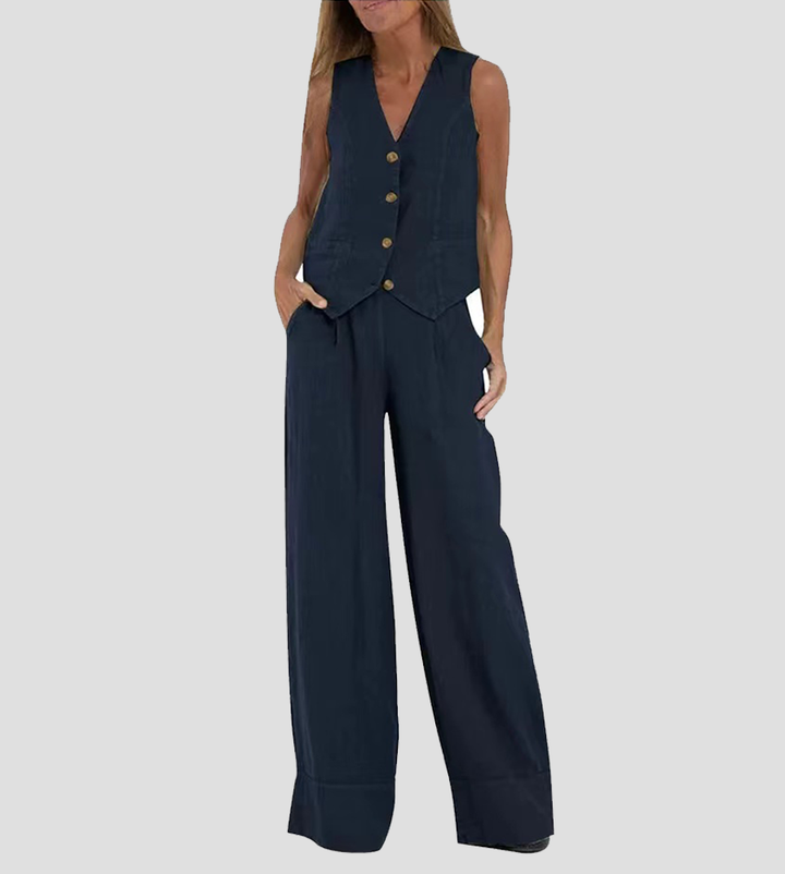 Aira Buttoned Vest & Wide-Leg Trousers Set - Elena Harper