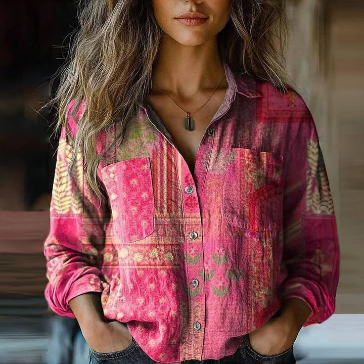 Linen Button-Down Blouse with Print for Women