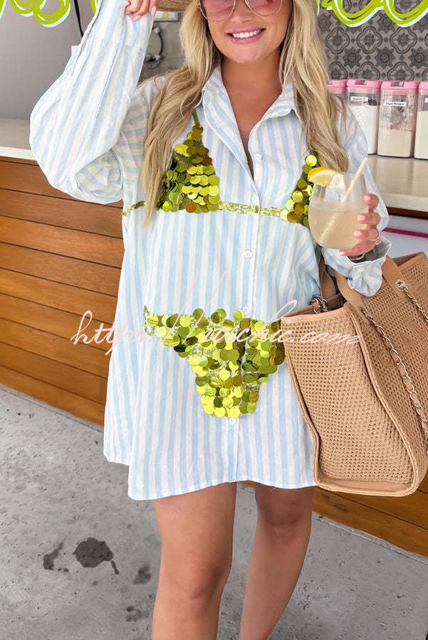 Vacation Vibe Gold Sequin Long-sleeved Bikini Pattern Blue & White Stripe Button Up Pocket Tunic (Shipped Within 24 Hours)