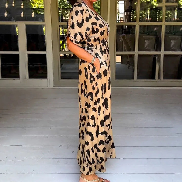 Women's Flowy V-Neck Leopard Print Maxi Dress