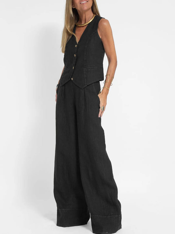 Aira Buttoned Vest & Wide-Leg Trousers Set - Elena Harper