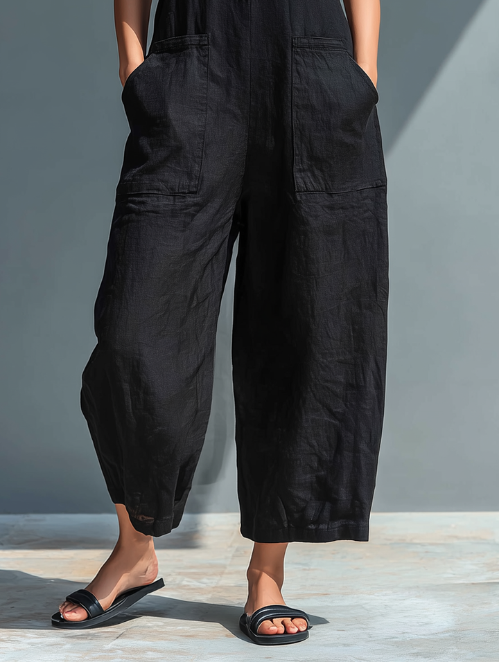 Sleeveless Linen Blend Overall with High Collar and Buttons for Women - Elena Harper