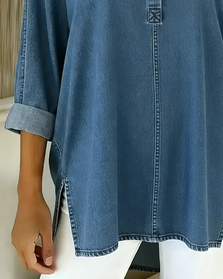 Yenara Denim Top with Button Placket and V-Neck, view 3 - Elena Harper