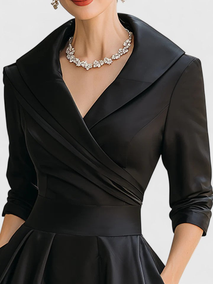 Women's Elegant Pleated Flared Midi Dress with Wrap Bodice