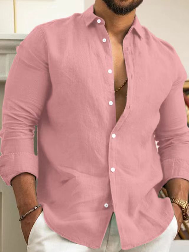 Men's Casual Long Sleeve Shirt in Cotton Blend and Linen Blend – Solid Color