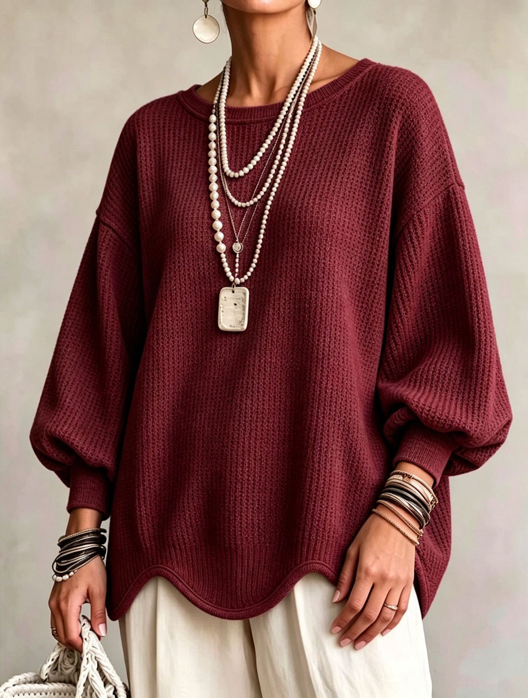 Women’s Top - Round Neck, Puff Sleeves, and Wavy Hem