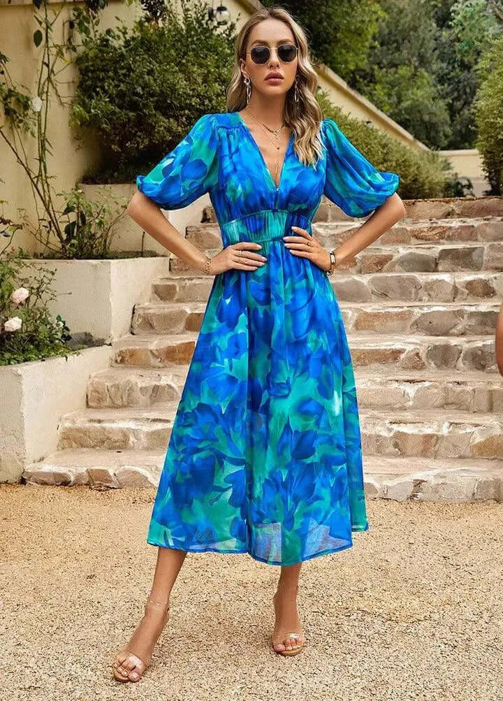 Women's Puff Sleeve Midi Dress with Cinched Waist, view 2 - Elena Harper