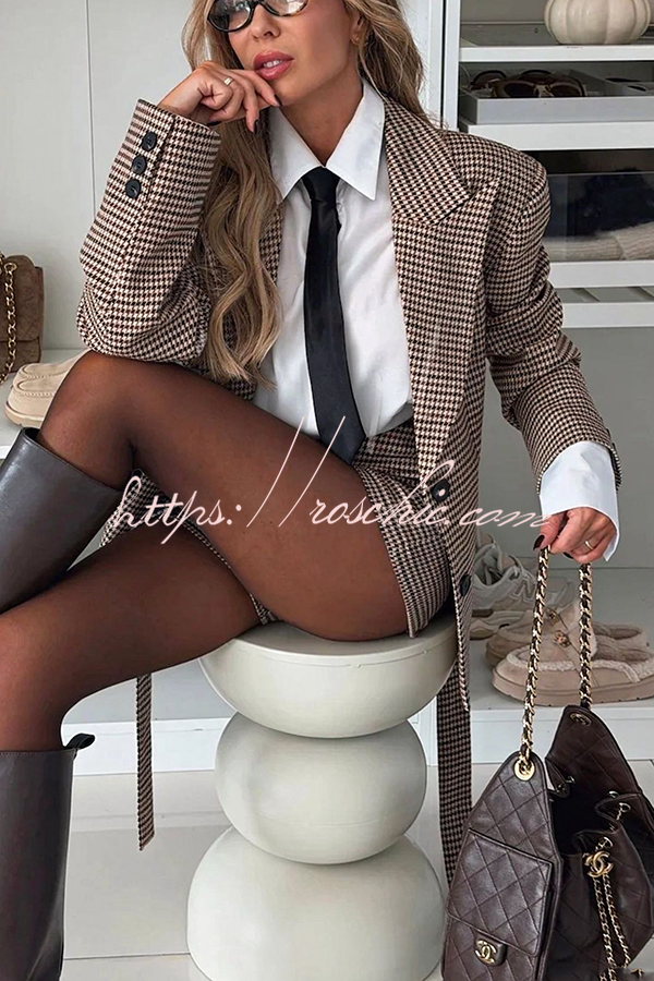 Avant-garde Classic Houndstooth Padded-shoulder Button Belted Oversized Blazer Jacket