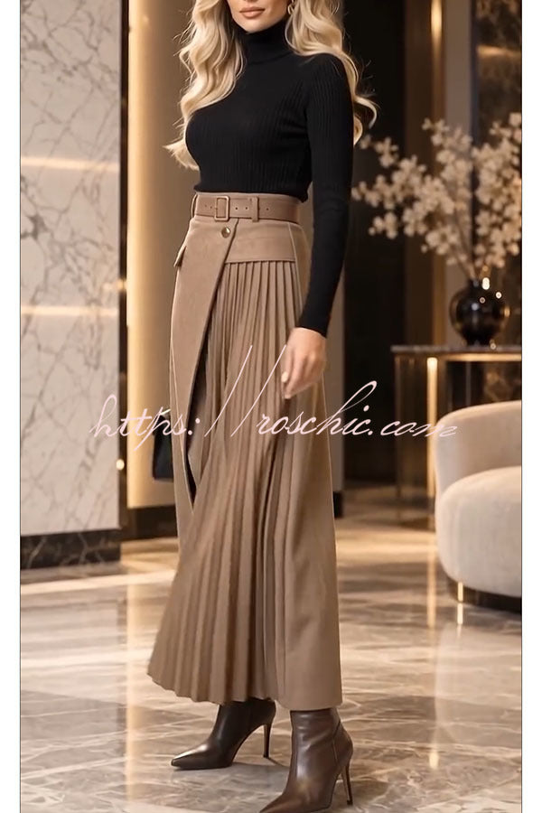 Distinctive Style High Rise Pocketed Pleated Hem Slit Maxi Skirt