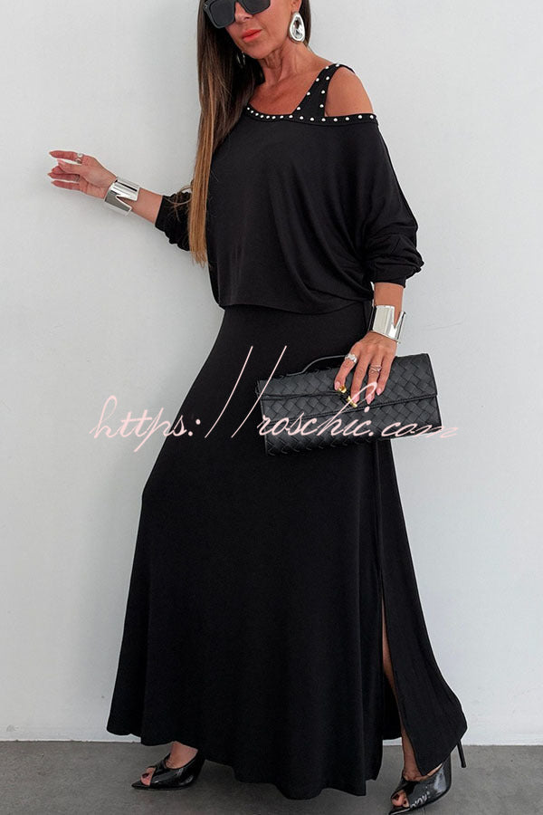 Samara Modal Beaded Detail Batwing Sleeves Loose Top and Tank Slit Maxi Dress Two Pieces Set
