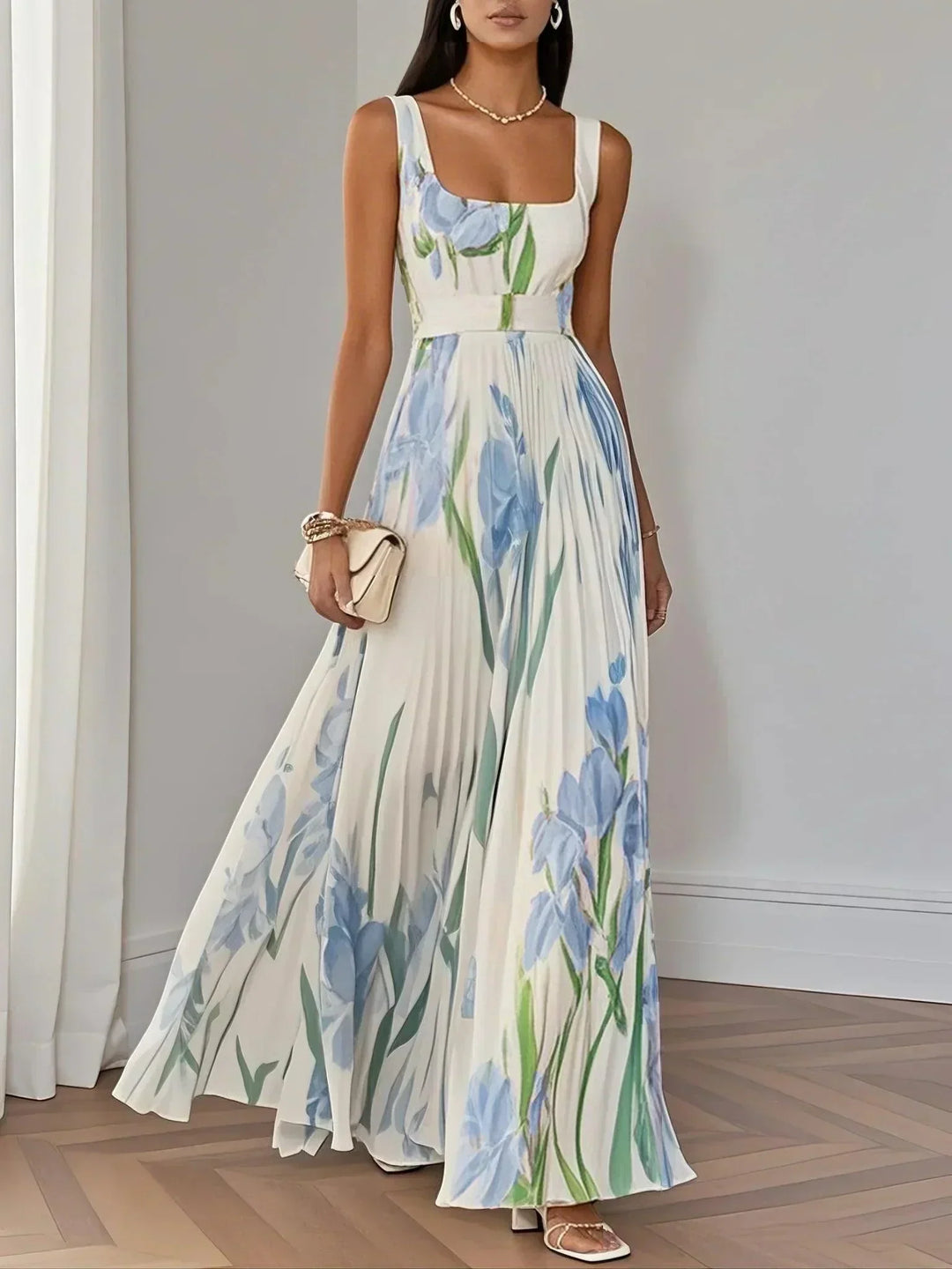Long Pleated Mousseline Dress Timeless Elegance - Elena Harper