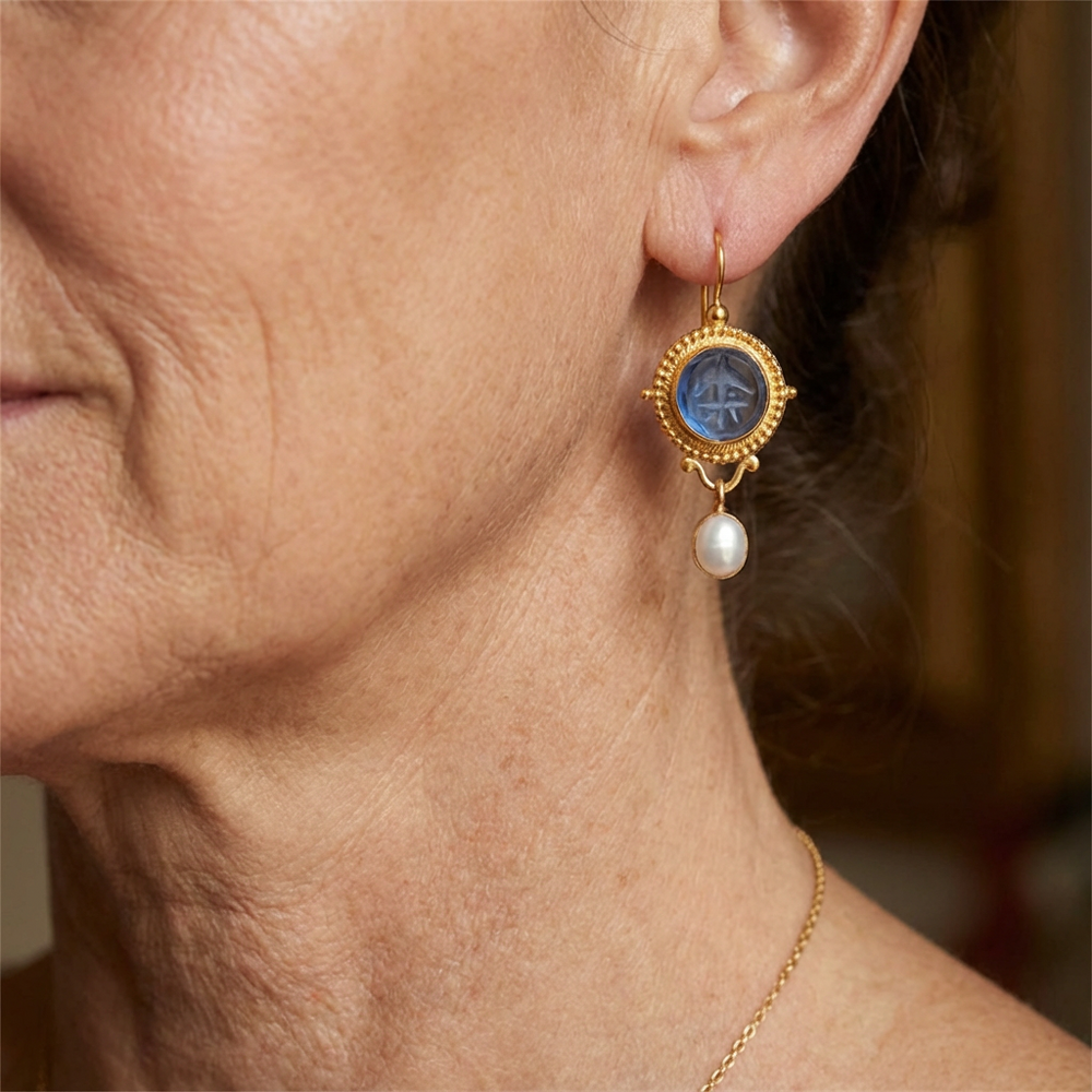 Blue Carved Gem & Pearl Drop Earrings - Elena Harper