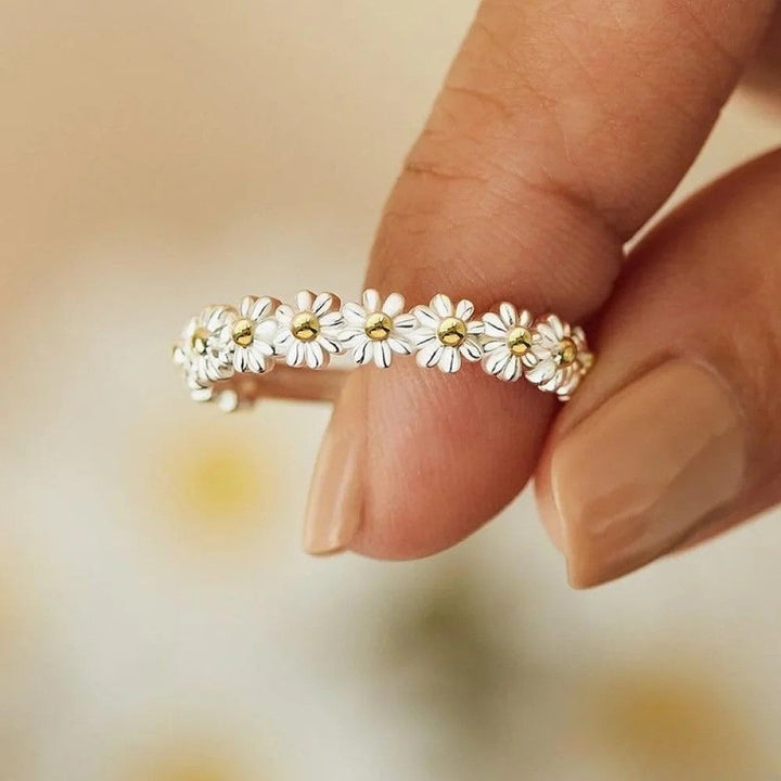 Adjustable Silver Ring with Hand-Painted Enamel Daisy - Elena Harper