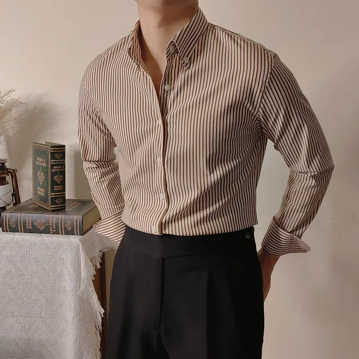 Men's Slim Fit Long Sleeve Shirt with Button Down Collar and Striped Pattern Business Casual Style, view 3 - Elena Harper