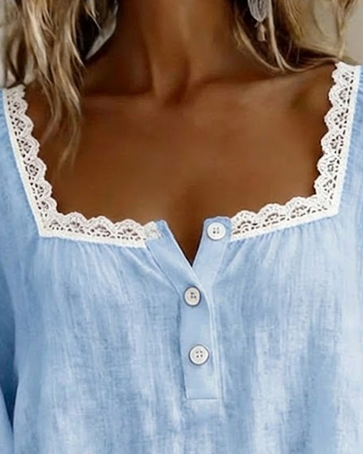 Lace Blouse with Square Neck and Puff Sleeves for Women