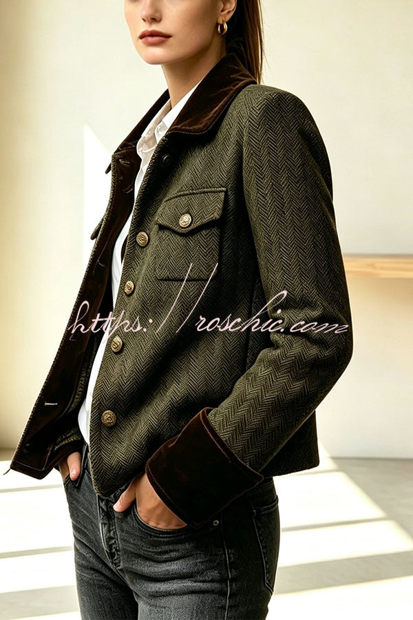 Vintage Herringbone Tweed Velvet Trim Button Up Pocket Long Sleeve Jacket