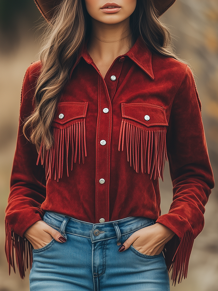Outdoor Western Cowboy Red Suede Lapel Tassel Long Sleeve Shirt - Elena Harper