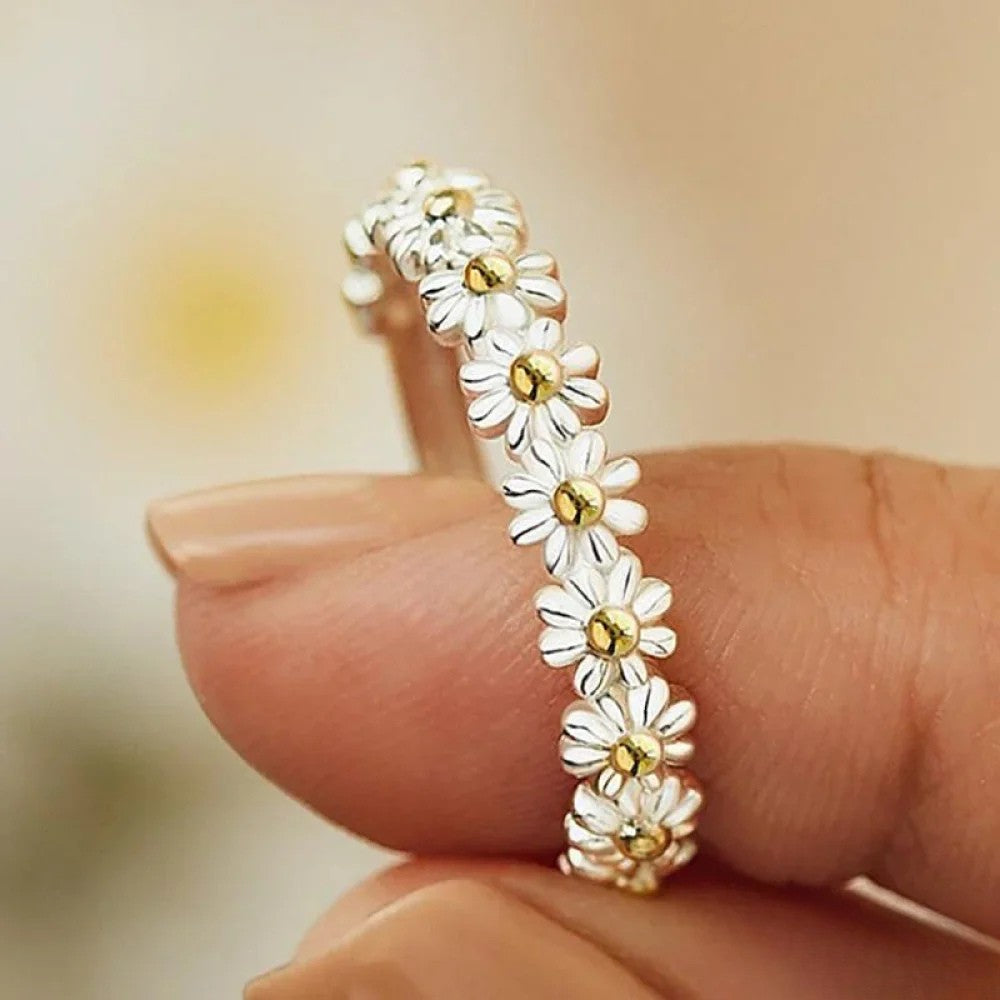 Adjustable Silver Ring with Hand-Painted Enamel Daisy - Elena Harper