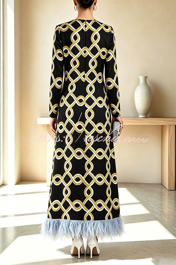 Cecilia Satin Colorful Baroque Style Printed Long Sleeve Feather Trim Maxi Dress (Shipped Within 24 Hours)