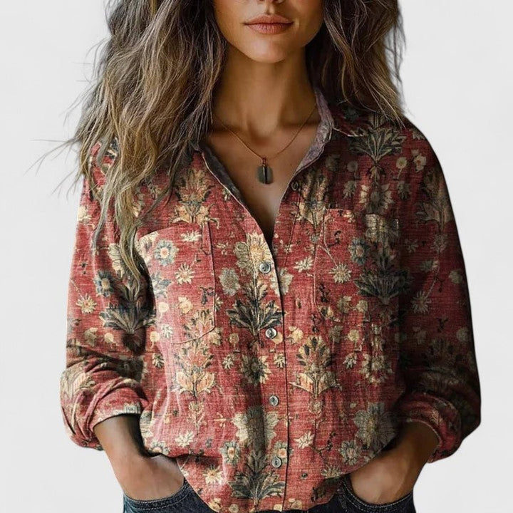 Elisabeth | Women's Boho Long Sleeve Button-Up Blouse with Floral Pattern